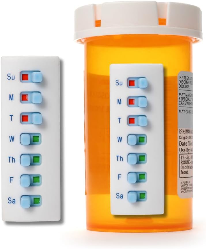 Peel and Stick Genbruges til 12 + Refills, Pill / Medicin / Vitamin / Pet Med Tracker & Reminder, Vedlæg til din flaske, Organizer-Free, Buet Back (Hvid, 2 - Pack)