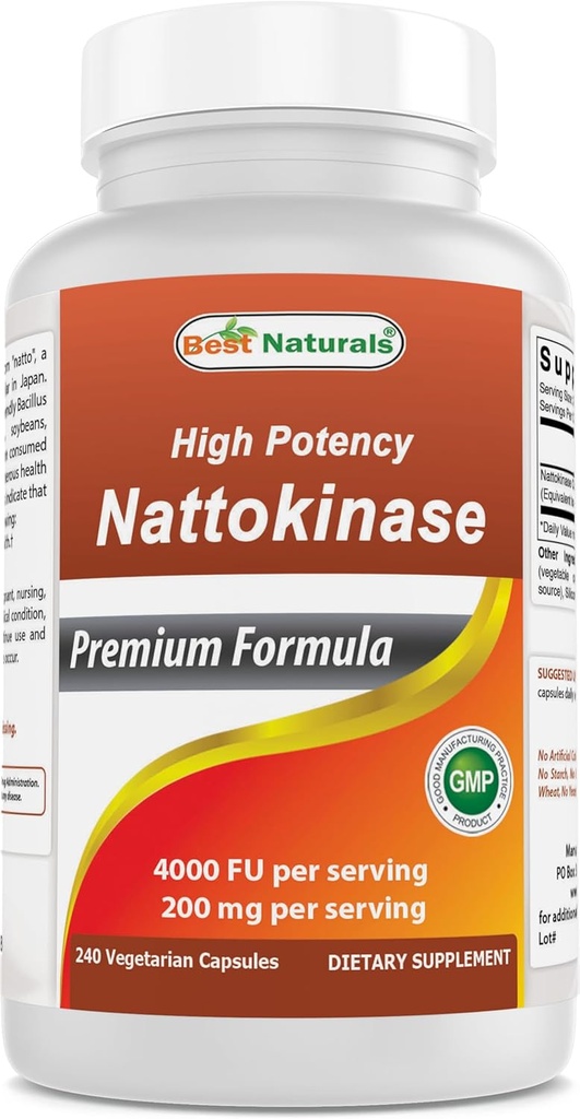 Bedste Naturals High Potency Nattokinase 4000 FU Per Serving / 200 mg per Serving, 240 Vegetarain kapsler. Non-GMO, Gluten Free.