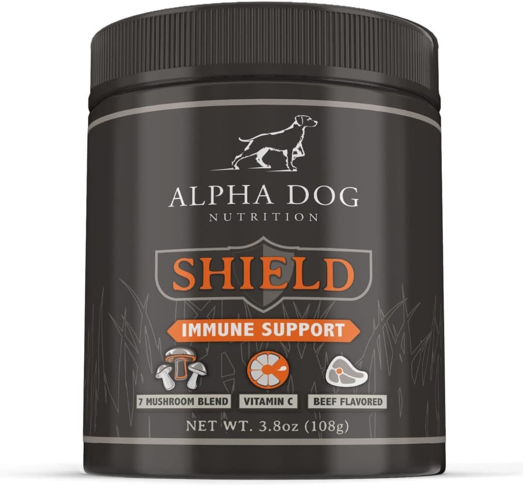 Skjold Allergi Immunitet Support til hunde ved Alpha Hund Nutrition - 7 Nutritional Mushroom Powder Complex + C-vitamin til Boost Immunitet - Op til 120 Servering til små avlshunde, 108g