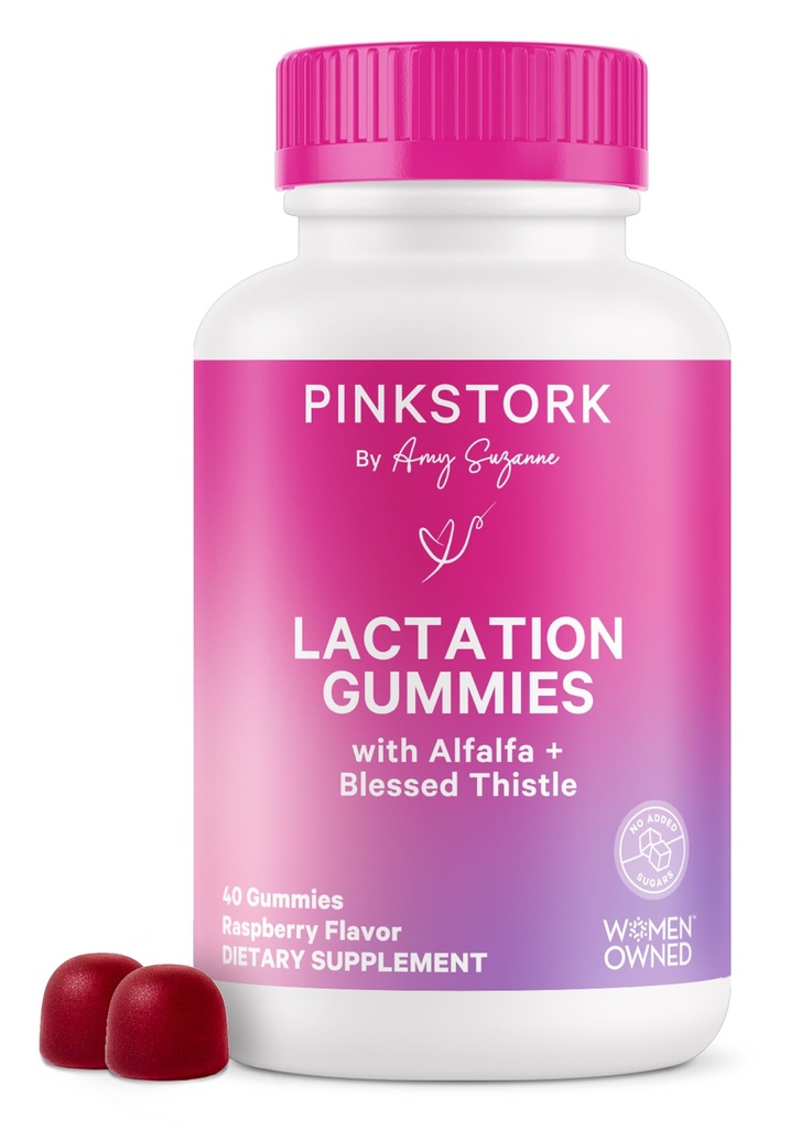 Pink Stork Amning Supplement Gummies - Support Breast Milk Supply with Milk Thistle, Alfalfa, D-vitamin, og B12, Postpartum Inddrivelse, Amning Essentials - Hindbær, 40 Greve