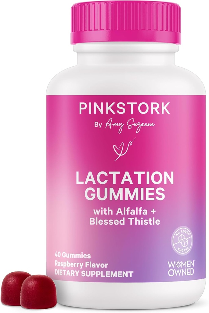 Pink Stork Amning Supplement Gummies - Support Breast Milk Supply with Milk Thistle, Alfalfa, D-vitamin, og B12, Postpartum Inddrivelse, Amning Essentials - Hindbær, 40 Greve