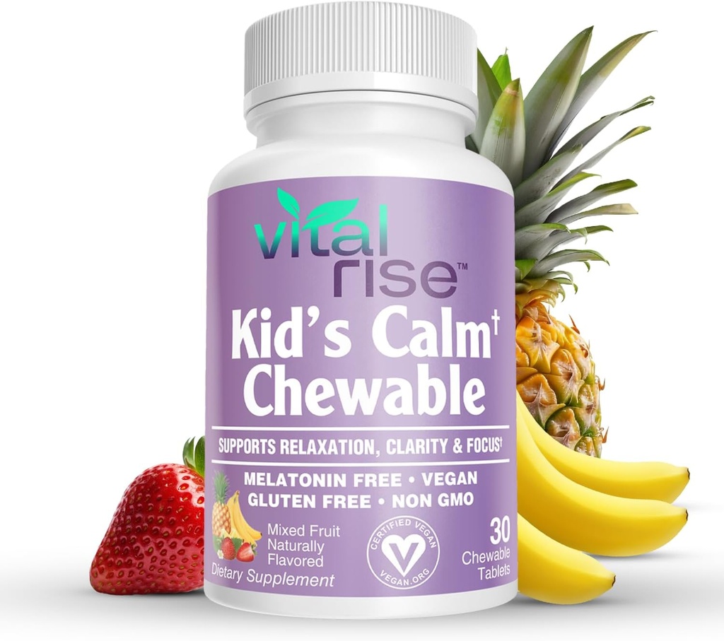 Kids Magnesium Chewables - Daily Supplement, Sugar- Free & Melatonin- Free, Understøtter en sund stress Response & Focus, Fast- Absorbing Magnesium med L- Theanin, blandet frugtsmag, 30 Tæl