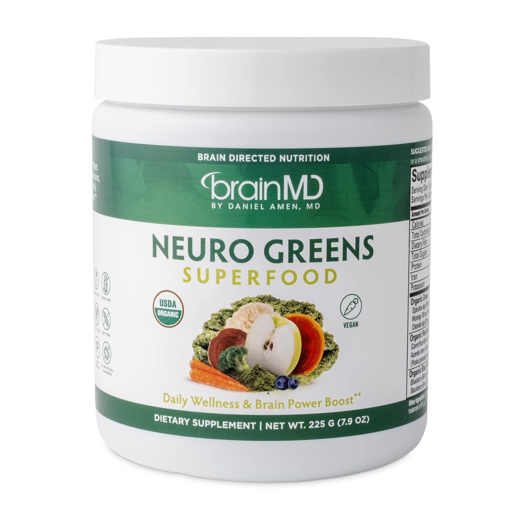 BRAINMD Dr. Amen Neuro Greens Superfood - 7.9 oz - Understøtter Whole- Body Wellness, fordøjelse + immunforsvar og hjerne sundhed - Gluten Free - 30 Serveringer
