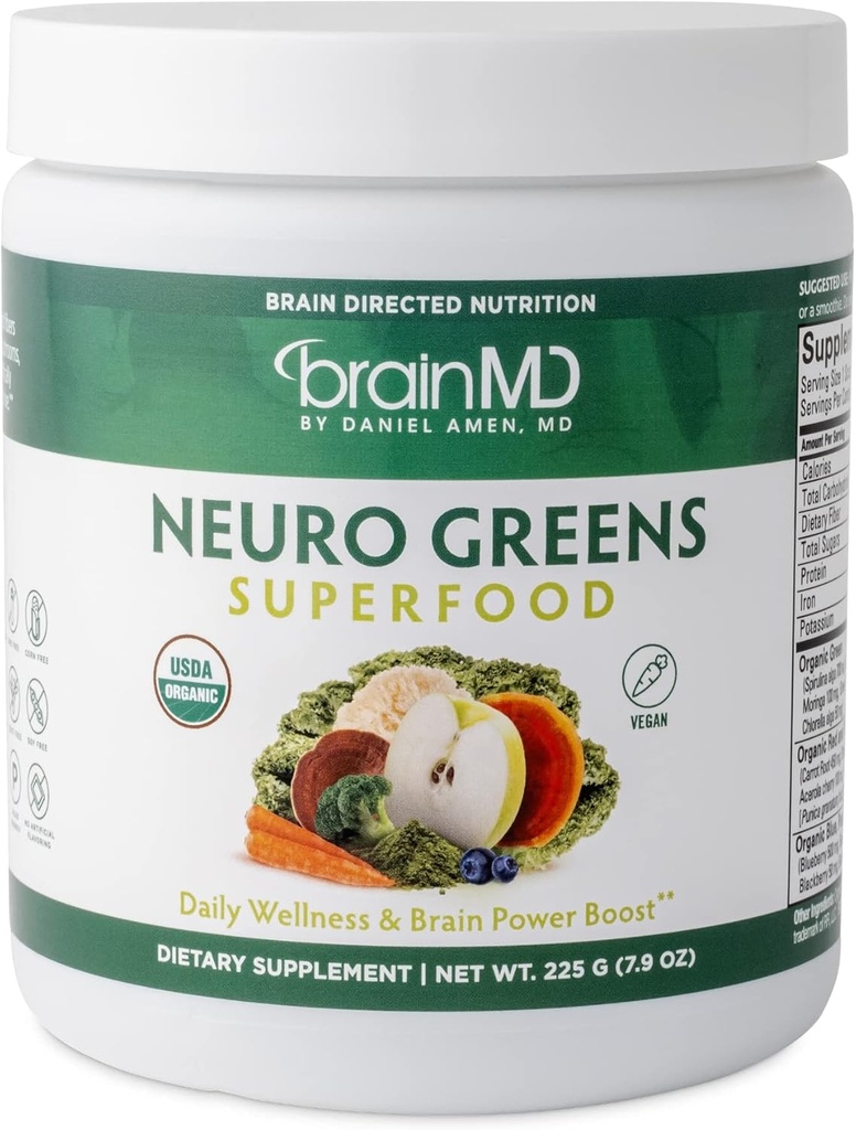 BRAINMD Dr. Amen Neuro Greens Superfood - 7.9 oz - Understøtter Whole- Body Wellness, fordøjelse + immunforsvar og hjerne sundhed - Gluten Free - 30 Serveringer
