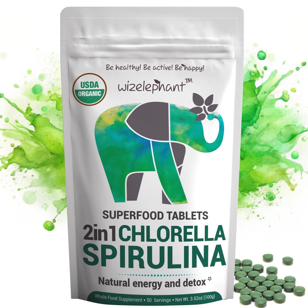 Organic Spirulina Chlorella Tablets - 50 Servere - 2-in-1 Superfood Alger supplement til naturlig immunforsvar, Detox og energi boost. Broken Cell Wall. Organisk klorofyl. Espirulina
