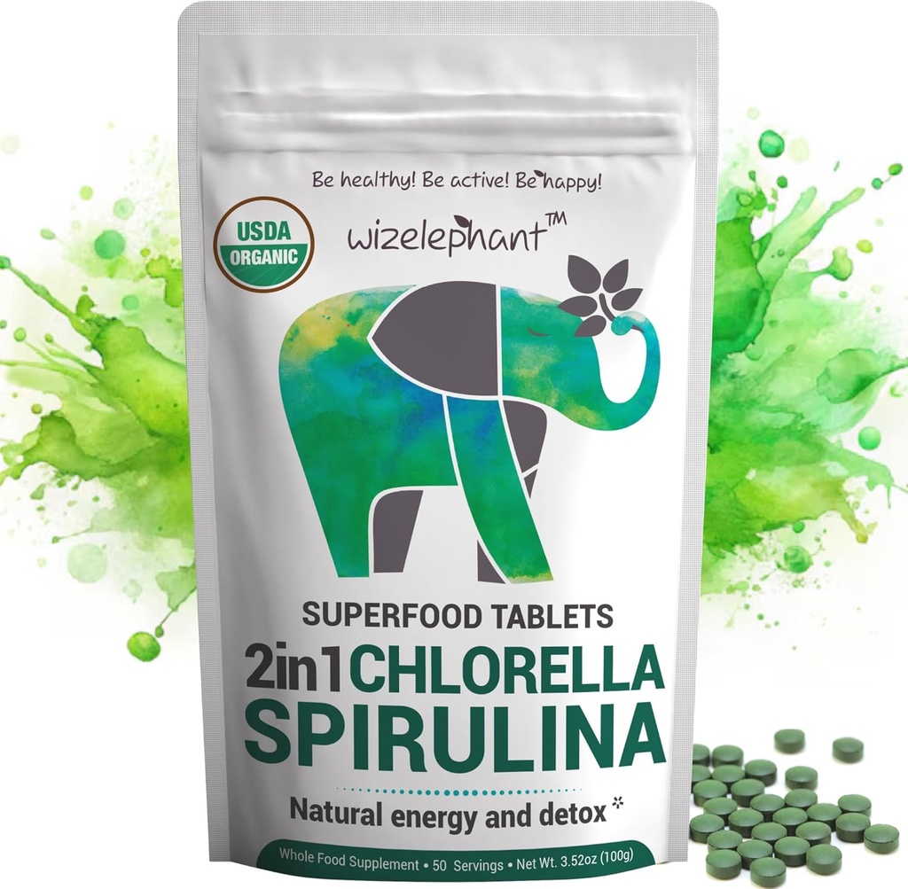Organic Spirulina Chlorella Tablets - 50 Servere - 2-in-1 Superfood Alger supplement til naturlig immunforsvar, Detox og energi boost. Broken Cell Wall. Organisk klorofyl. Espirulina