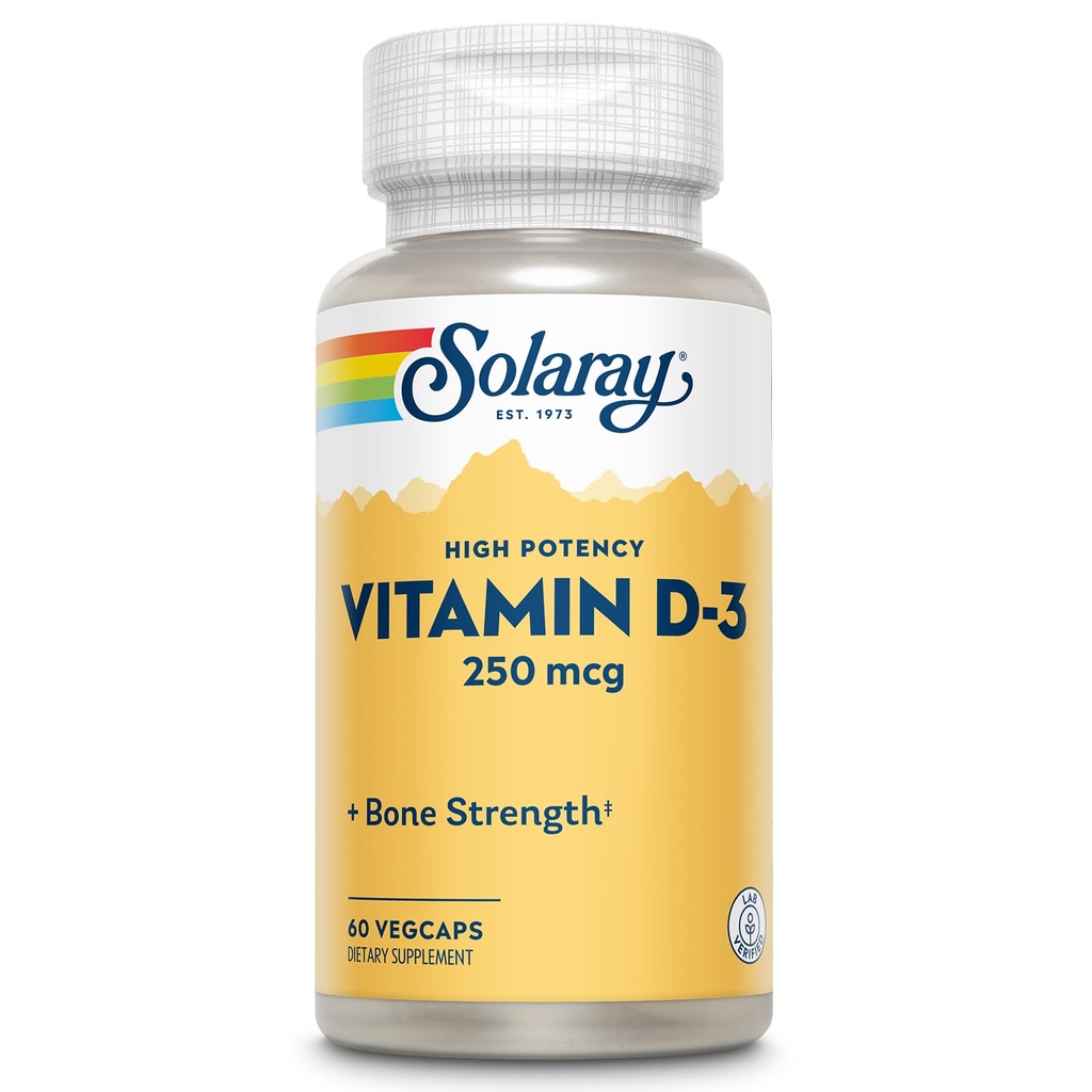 SOLARAY-vitamin D3 10000IE (250 mcg) - højpotens D-vitamin - med VIT D3 som Cholecalciferol - Stærk Bones og immunforsvar supplement - 60-dages garanti, 60 Servere, 60 VegCaps