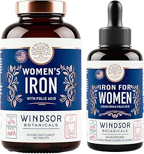 Womens Iron with Folic Acid Tablets and Liquid Drops - Enhanced Anemia and Pregnancy Support Bundle