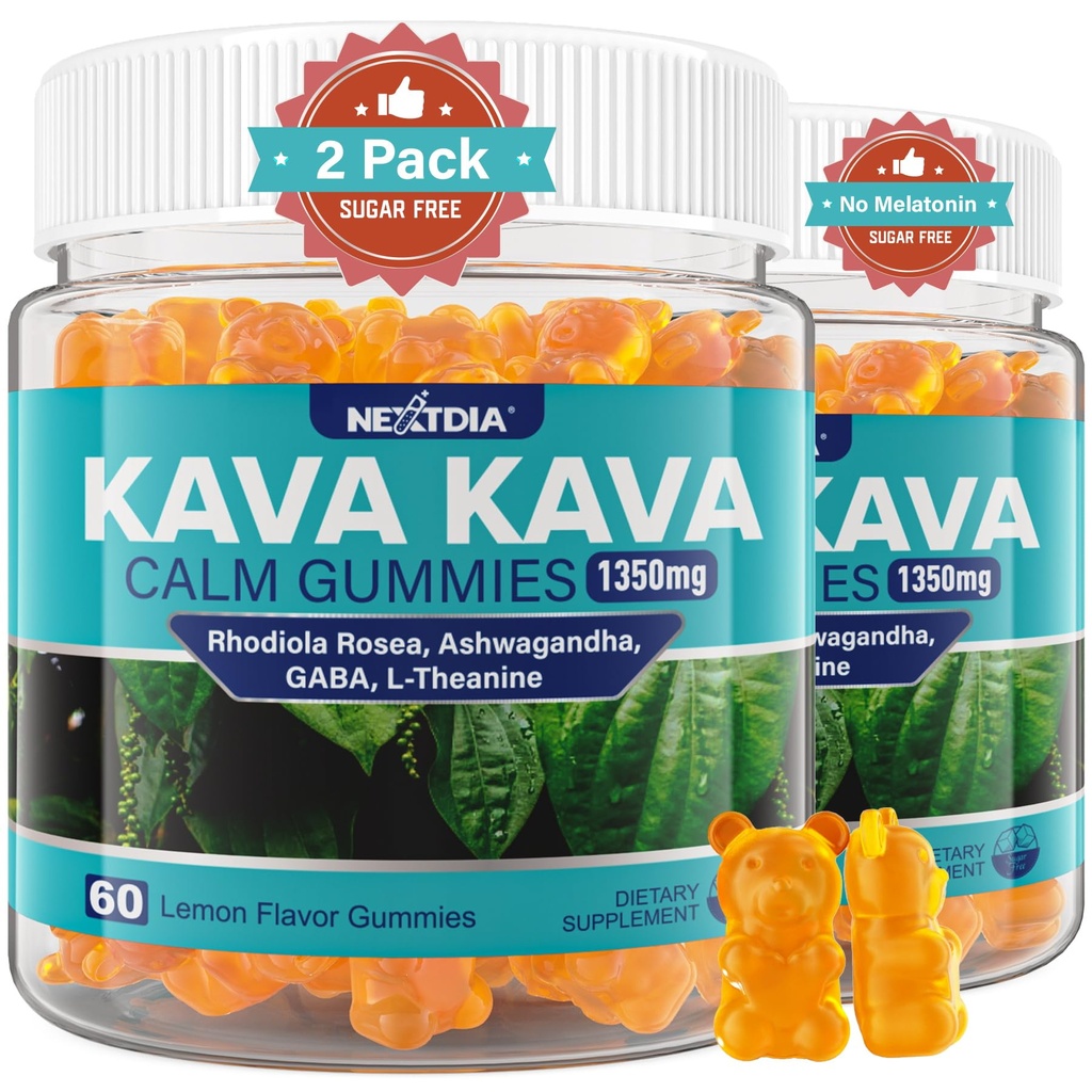 Kava Kava Gummies, Sugar Free Calm Gummies w / Rhodiola Rosea, Ashwagandha, L- Theanine, GABA, Melatonin- Free Kava Blend til afslapning, Rolig og fokus - Alternativ til Kava Powder Kapsler, Vegan 120 Ct