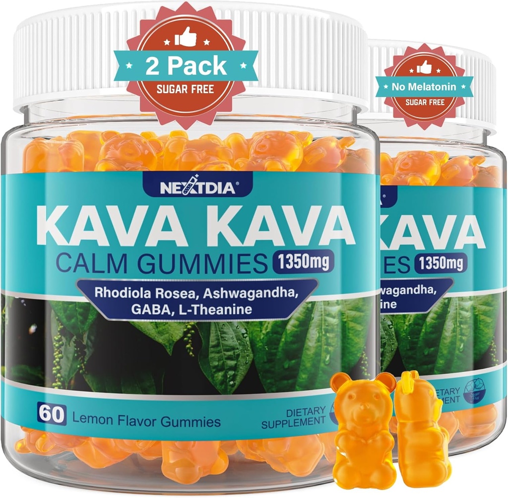 Kava Kava Gummies, Sugar Free Calm Gummies w / Rhodiola Rosea, Ashwagandha, L- Theanine, GABA, Melatonin- Free Kava Blend til afslapning, Rolig og fokus - Alternativ til Kava Powder Kapsler, Vegan 120 Ct