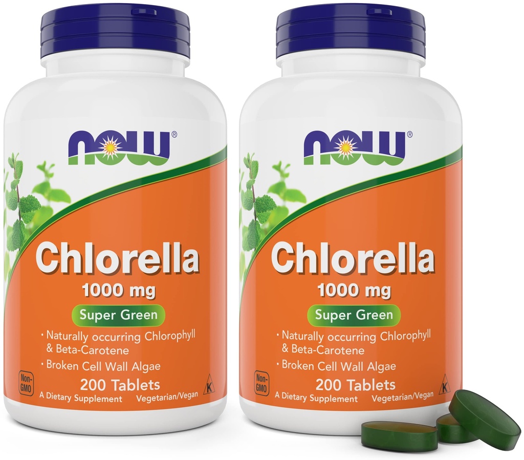 Nu Chlorella 1000mg tabletter - 200 Greve (pakke af 2) - Natural Occurring Chlorophyll, Beta- Caroten - Non- GMO, Vegan - Green Super Food Supplement for kvinder og mænd