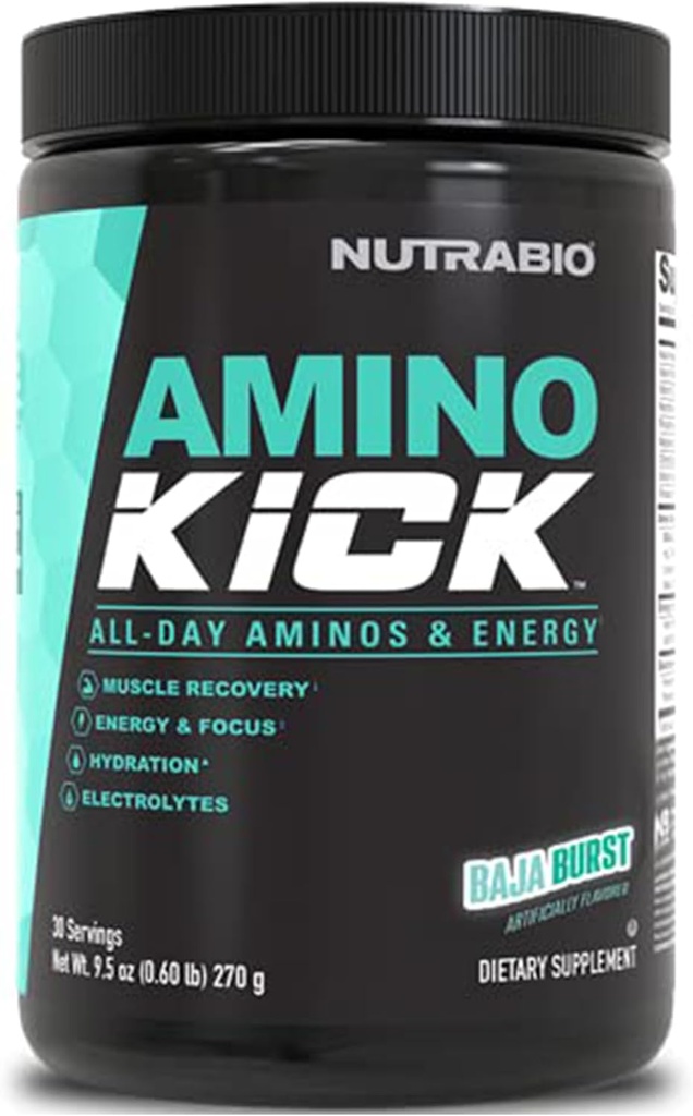 NutraBio Amino Kick - BCAA pulver med naturlig koffein - Aminosyrer supplement til energi, hydrering og inddrivelse - BCAA, elektrolyter og aminosyrer - Baja Burst, 30 Servere
