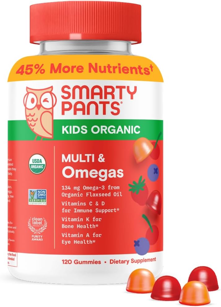 SmartyPants Organic Kids Multivitamin Gummies: Omega 3 (ALA), Vitamin D3, C, Vitamin B12, B6, A, K & Zink til immunforsvar, Biotin, Vegetar, Tre Frugtsmag, 120 Greve (30 dages forsyning)