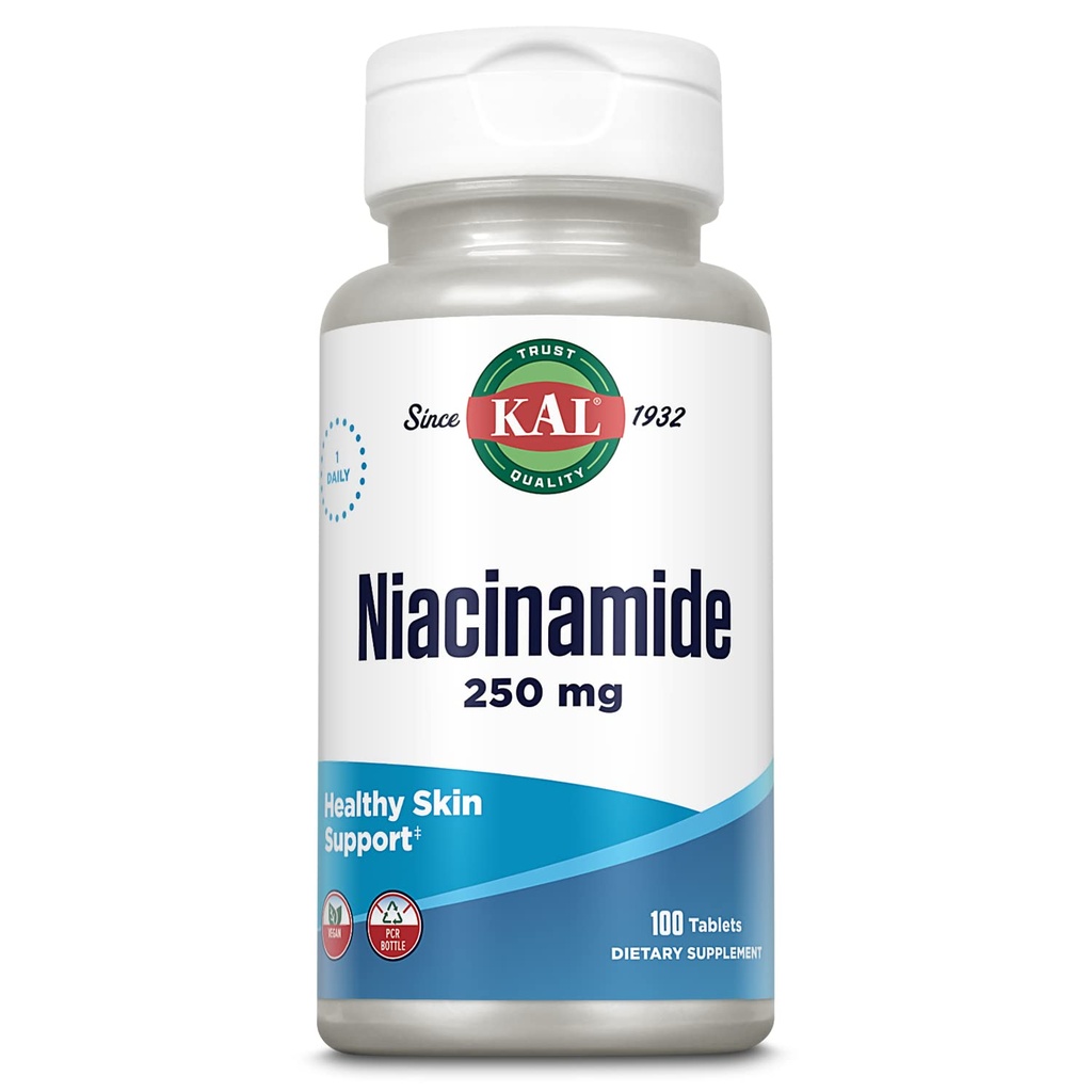 KAL Niacinamid 250 mg tabletter, vitamin B3 tillæg for hud sundhed, energi metabolisme, nerve, cirkulation og fordøjelsesstøtte, forbedret Absorption ActivTabs, Vegan, 100 Servere, 100 tabletter