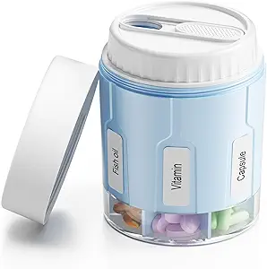 Daviky Pill Flaske Organizer, supplement Organizer med 7 store kompartmenter, Travel Pill Dispenser Round Pill Box med to låg