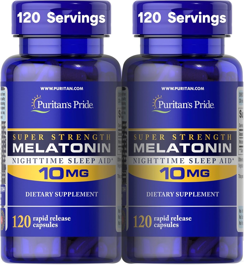 Puritan's Pride Premium Super Strength Melatonin 10mg Sleep Aid, Dietary Supplement for Sound, Restful, & Longer Sleep Support, 4 Month Supply, 120 Rapid Release Capsules, 2 Pack (Packaging May Vary)