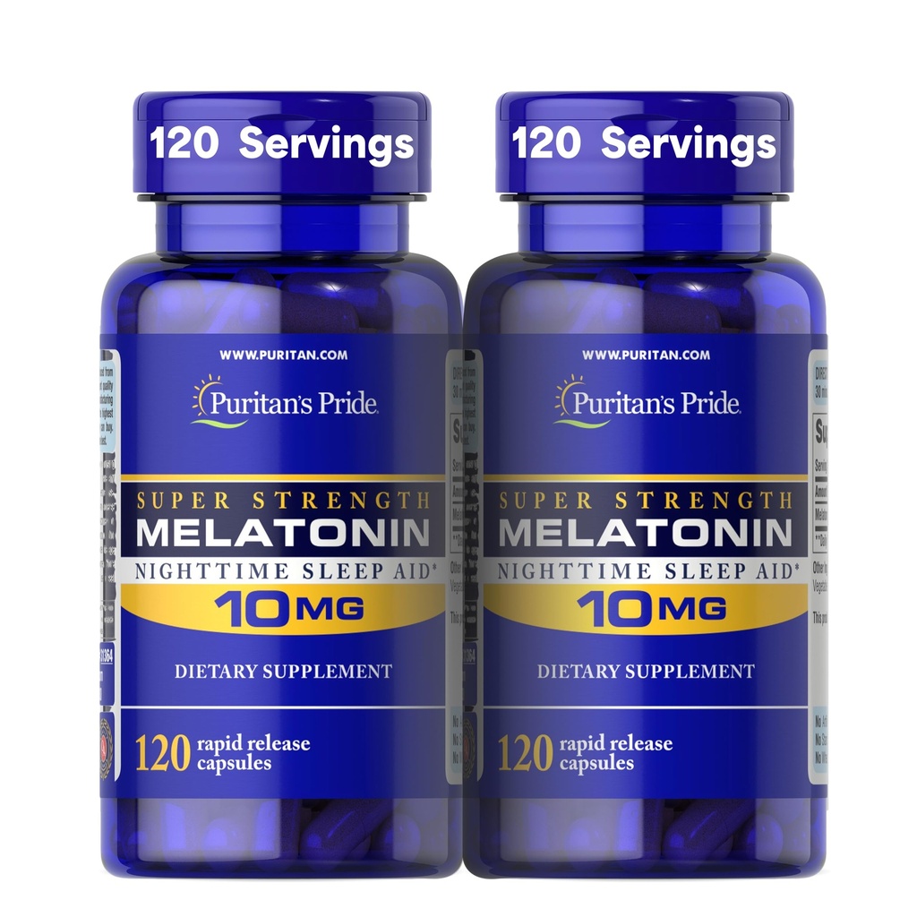 Puritans Pride Premium Super Strength Melatonin 10mg Sleep Aid, Kosttilskud til lyd, Resistent, & Længere Sleep Support, 4 Måned Supply, 120 Rapid Release Kapsler, 2 Pack (Packaging May Vary)