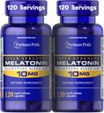 Puritans Pride Premium Super Strength Melatonin 10mg Sleep Aid, Kosttilskud til lyd, Resistent, & Længere Sleep Support, 4 Måned Supply, 120 Rapid Release Kapsler, 2 Pack (Packaging May Vary)
