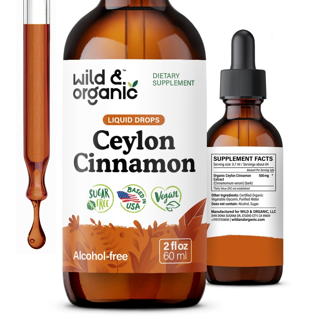Wild & Organic Ceylon Cinnamon Extract Liquid Drops 500mg - Flydende kanel Kosttilskud til samlet støtte - Cinnamomum Verum Bark Tincture - Vegan, Sugar & Alcohol- Free, Non- GMO - 2 fl oz