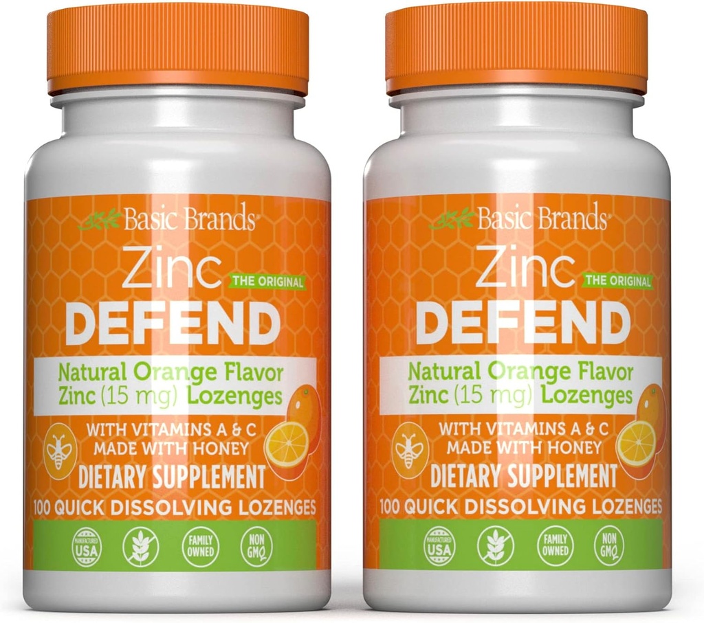 Grundlæggende brands - Zink Orange Defend - 100 Lozenges - Natural Orange Flavor Zinc- Lozenges - Immunboost, Cold Relief, Non- GMO, Zinkacetat & C-vitamin - 2-Pack