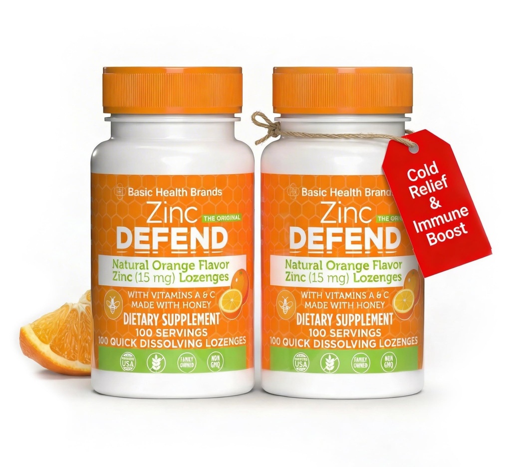 Grundlæggende brands - Zink Orange Defend - 100 Lozenges - Natural Orange Flavor Zinc- Lozenges - Immunboost, Cold Relief, Non- GMO, Zinkacetat & C-vitamin - 2-Pack