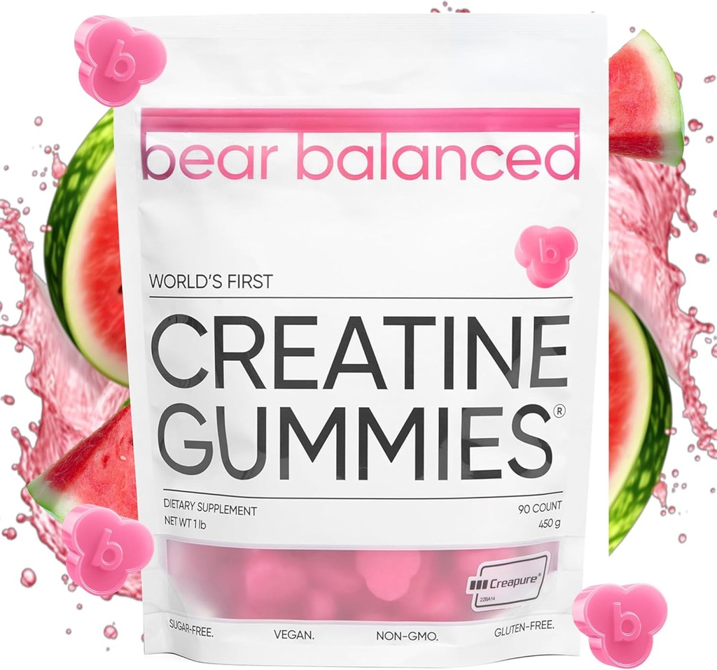 Bear Balanced Creatin Gummies for Mænd & Kvinder - Creapure ® Creatinine monohydrat, L-Theanine, L-Tyrosine & B12 for Muskelvækst, Styrke, Focus, Energy & Health - Lav kalorie, sukkerfri, & Vegan