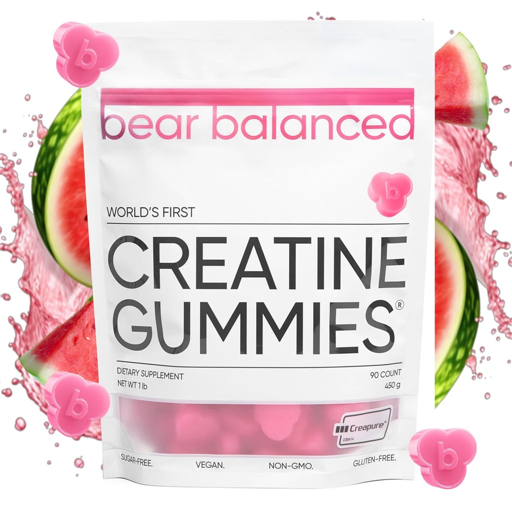 Bear Balanced Creatin Gummies for Mænd & Kvinder - Creapure ® Creatinine monohydrat, L-Theanine, L-Tyrosine & B12 for Muskelvækst, Styrke, Focus, Energy & Health - Lav kalorie, sukkerfri, & Vegan