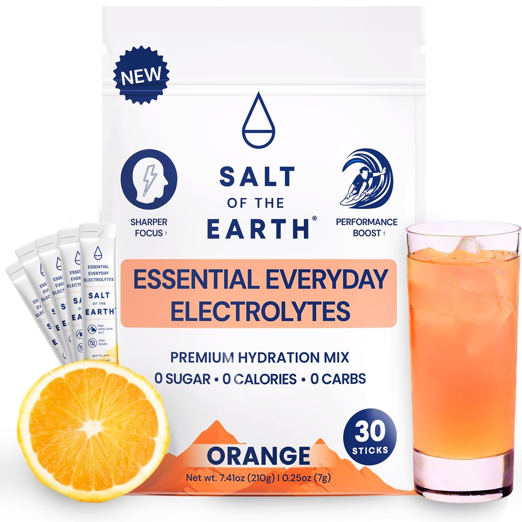 Salt af jorden Premium Zero- Sugar Electrolyte - Lavet med Pink Himalayan Salt - Hydration Powder Packets â 124; Premium Ingredienser â 124; Keto & Paleo Venlig â 124; 30 sticks, Orange