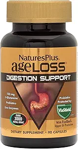 Natures Plus AgeLoss Digestion Support - 90 Capsules - Prebiotics, Live Enzymes & 150 mg L-Glutamine - Gluten Free - 30 Servings