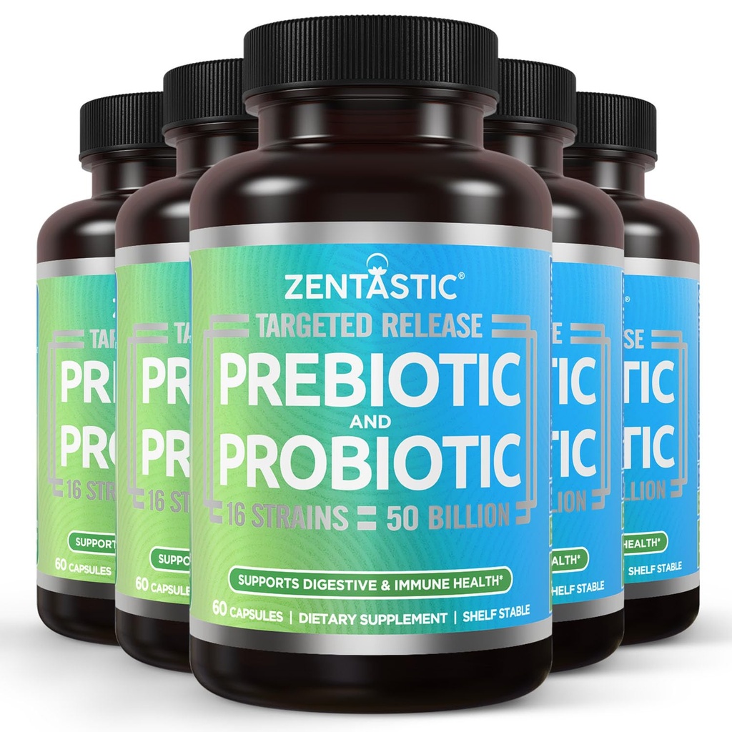 Zentastisk Probiotika & Prebiotika Supplement - 50 Millioner CFU - for mænd & kvinders immunforsvar & fordøjelsessygdomme - 16 Stammer - Hylde Stabil - 300 Forsinkede Release Veggie kapsler