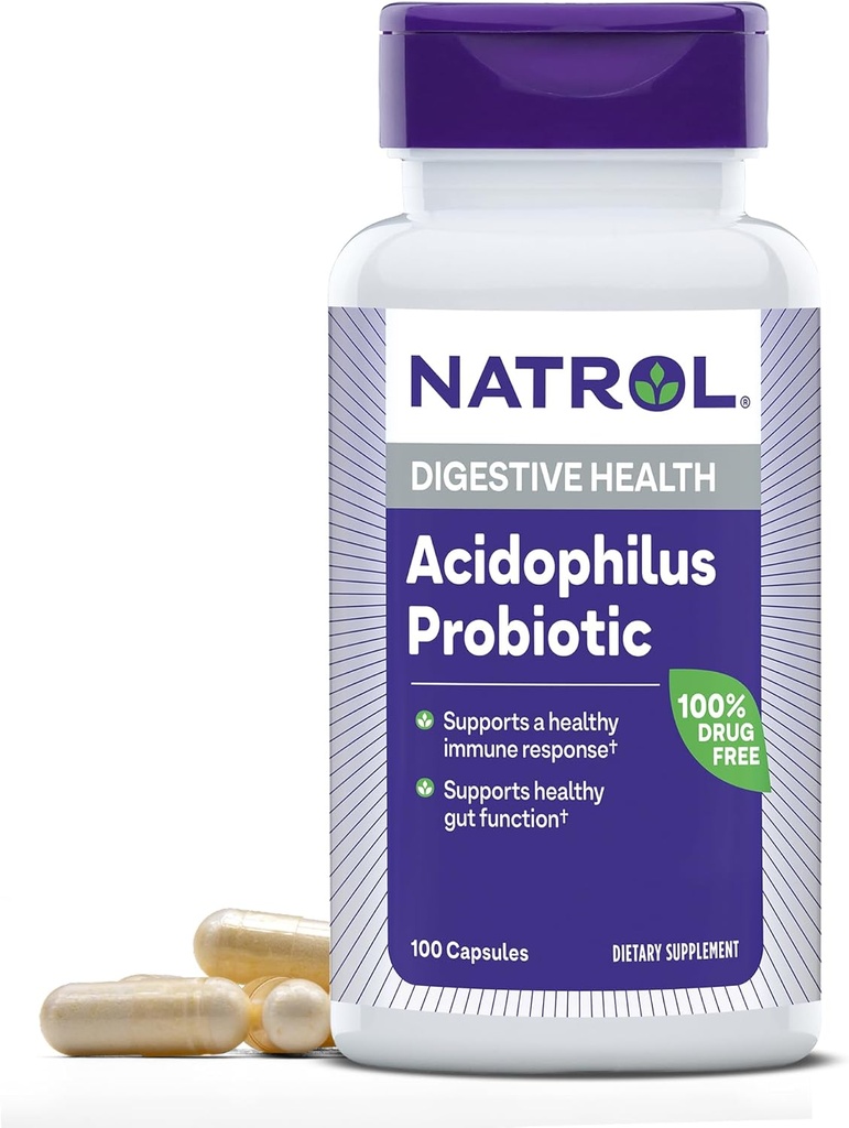 Natrol Acidophilus Probiotisk 100 mg, Kosttilskud til sund Gut funktion, fordøjelsesmæssige helbredskapsler for voksne, 100 kapsler, Op til en 33 dages forsyning