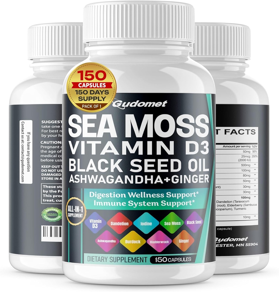 Sea Moss Black Seed Oil - All- in-1 Supplement med vitamin C Vitamin D3 Ashwagandha Burdock Bladerwrack Ginger Apple Cider Vincious Mælkebøtte