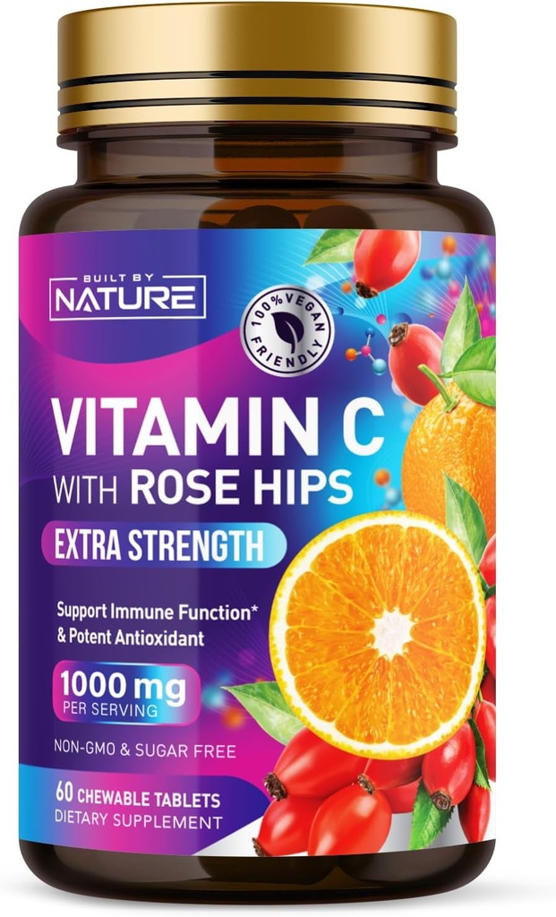 Bygget af Nature Chewable Vitamin C med Rose HIPS - 1000mg immunforsvar supplement - Non-GMO, Gluten- Free, Vegan - Kraftfuld antioxidant til energi & Collagen Boost - Orange Flavor - 60 tabletter