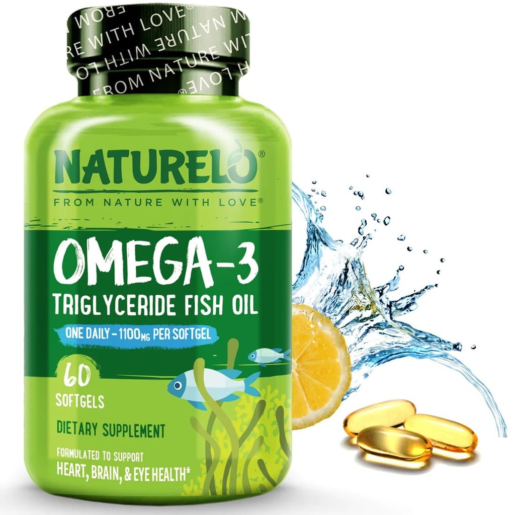 NATURELO Burpless Omega 3 Fish Oil Supplement - 1100mg Triglycerid Omega-3, EPA + DHA, flydende Fish Oil for Heart, Eye, Brain, Joint Health - 60 Softgels, 2 Months Supply