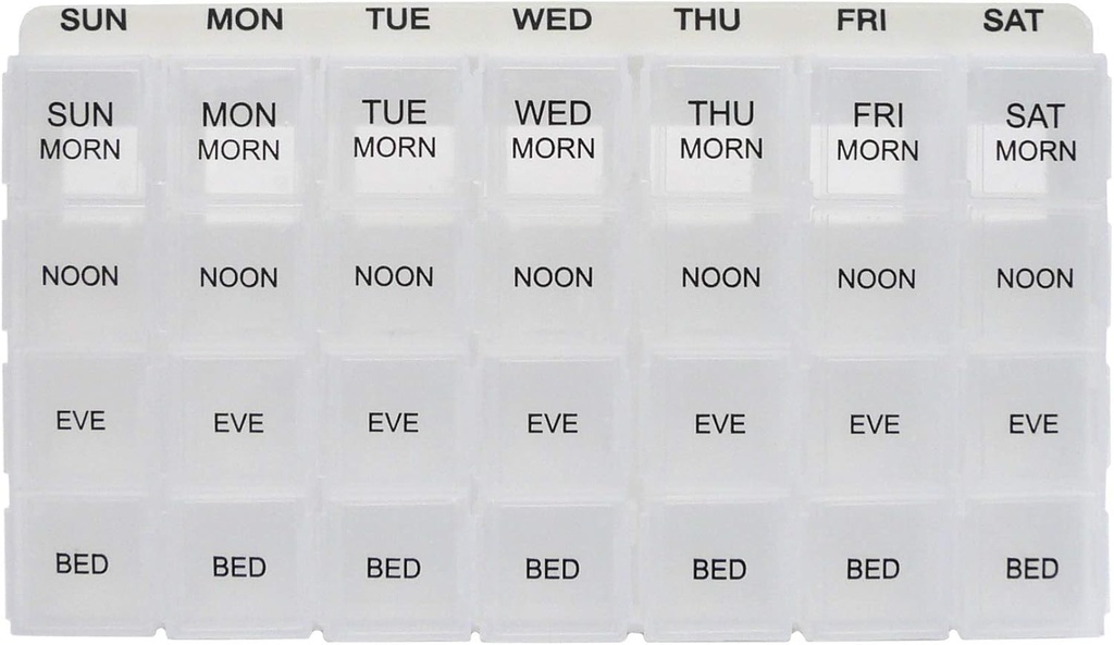 ProMed Weekly 4 gange dagligt 7 dag pill Organizer for Medicin, Vitamin & Kosttilskud • 124; Ergonomisk pill sag med Aftagelige Clear Compartments • 124; BPA- Free & Medical- Grade Plastic