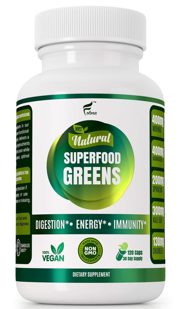 Organic Vegan Super Green Kapsler med Ashwagandha - Immun Support med alle naturlige hele fødevarer næringsstoffer Chlorella, Moringa, Spirulina, Gurkemeje, Kale. Forbedre fordampning, Boost Energy - Detox piller