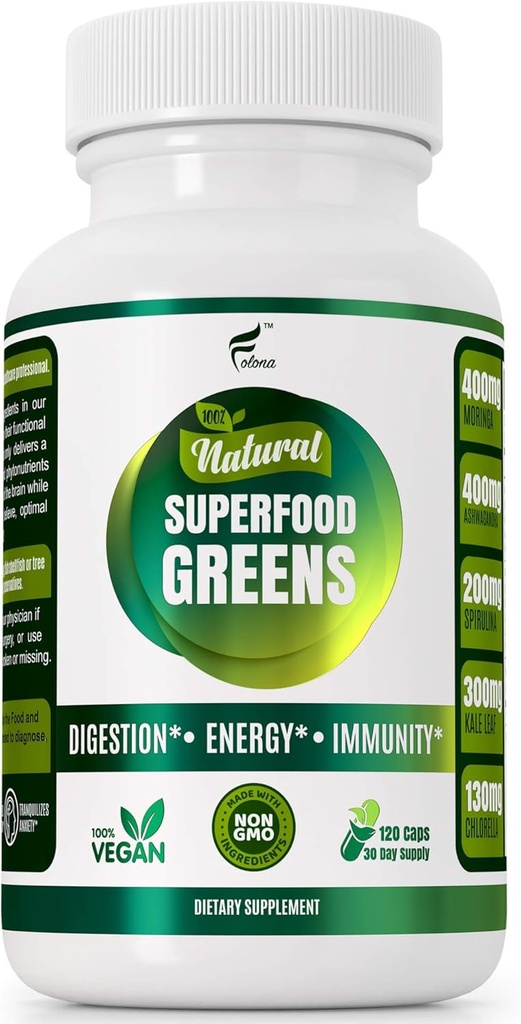 Organic Vegan Super Green Kapsler med Ashwagandha - Immun Support med alle naturlige hele fødevarer næringsstoffer Chlorella, Moringa, Spirulina, Gurkemeje, Kale. Forbedre fordampning, Boost Energy - Detox piller