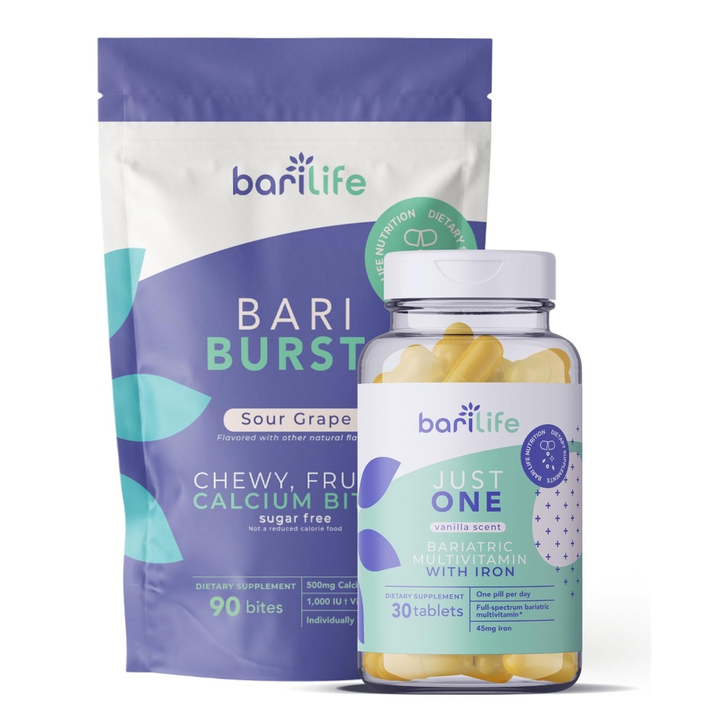Bari Life Just One, Once Daily Bariatric Multivitamin with Iron (30 Tablets) and BariBurst Calcium Citrate Soft Chews for Gastric Bypass, Gastric Sleeve and Duodenal Switch (Sour Grape)