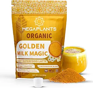 Golden Milk Magic (50 Servere) Note 124; Superfood 5 Mushroom Blend for Sleep, Afslapning, Relief Buddy 124; Gurkemeje, Ashwaghanda, Valerian, Kamille + 5 Mushroom Blend Buddy 124; Smoothie, Hot Beverage