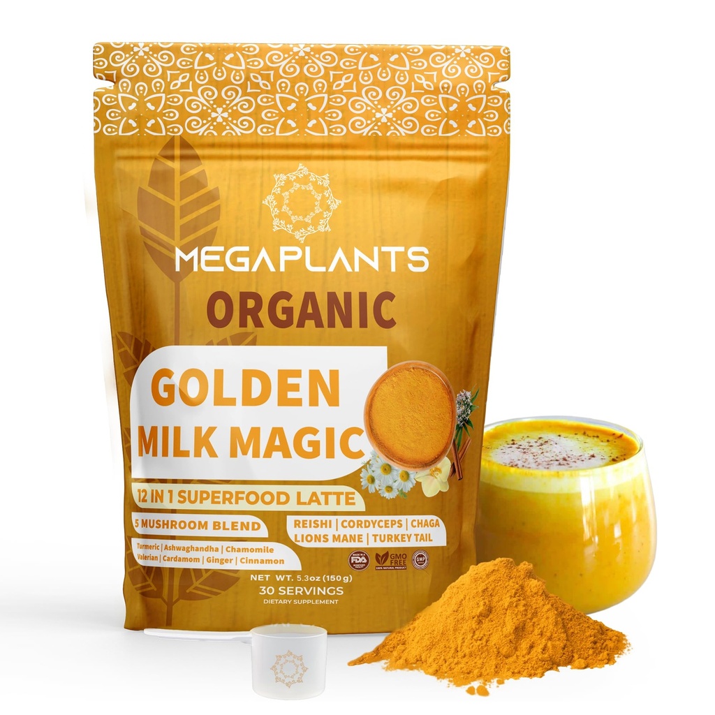 Golden Milk Magic (50 Servere) Note 124; Superfood 5 Mushroom Blend for Sleep, Afslapning, Relief Buddy 124; Gurkemeje, Ashwaghanda, Valerian, Kamille + 5 Mushroom Blend Buddy 124; Smoothie, Hot Beverage