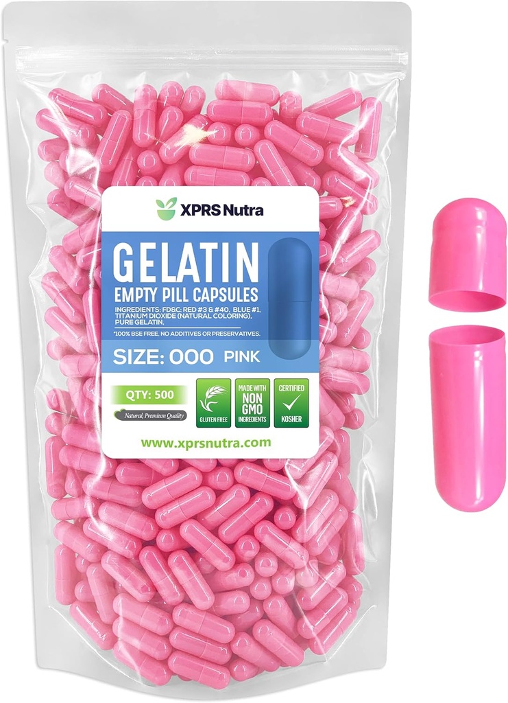 XPRS Nutra Størrelse 000 Tomme kapsler - 500 Tomme Tomme Gelatine kapsler - Piller til det selv supplement Kapselfyld - Fyldelig farve Gel Caps piller (Pink)