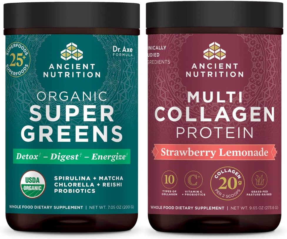 Ancient Nutrition Organic Supergreens Powder, Green Flavor, 25 Servere + Multi Collagen Protein Powder, Strawberry Lemonade, 24 Servere