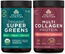 Ancient Nutrition Organic Supergreens Powder, Green Flavor, 25 Servere + Multi Collagen Protein Powder, Strawberry Lemonade, 24 Servere