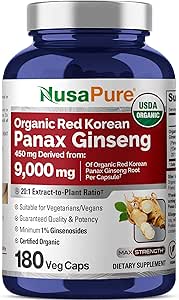 NusaPure Red Korean Panax Ginseng 20: 1 Extract, 450 mg Ækvivalent med 9. 000 mg 180 Veggie Caps (USDA Organic, Non- GMO, Vegan, Vegetar, Bioperine)