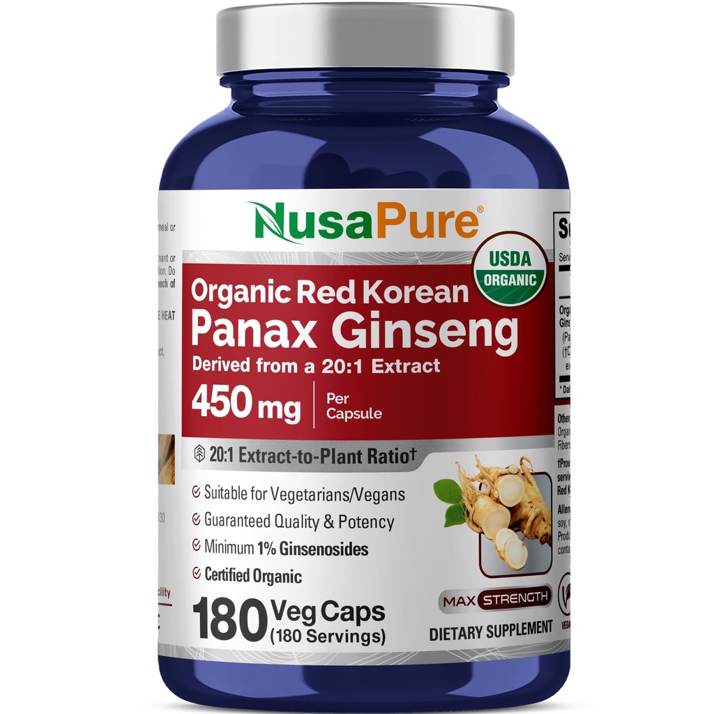 NusaPure Red Korean Panax Ginseng 20: 1 Extract, 450 mg Ækvivalent med 9. 000 mg 180 Veggie Caps (USDA Organic, Non- GMO, Vegan, Vegetar, Bioperine)