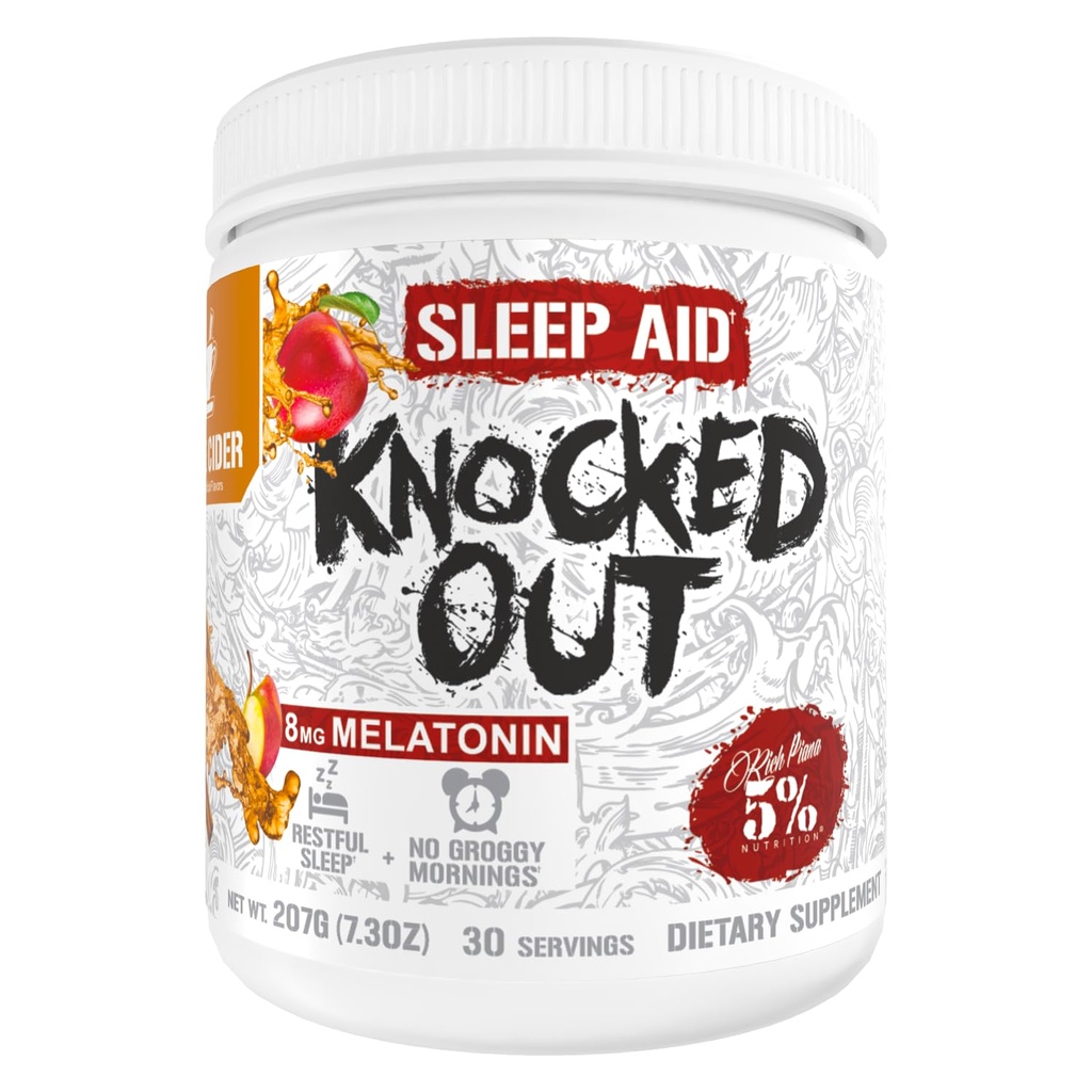5% Nutrition Rich Piana Knocked Out Natural Sleep Aid MSD 124; Post- Workout Recovery & Deep Sleep Supplement MSD 124; GABA, Melatonin, Kamille, Tyrosin, 5- HTP, & Mere MSD 124; 7.2 oz, 30 Servere (Apple Cider)