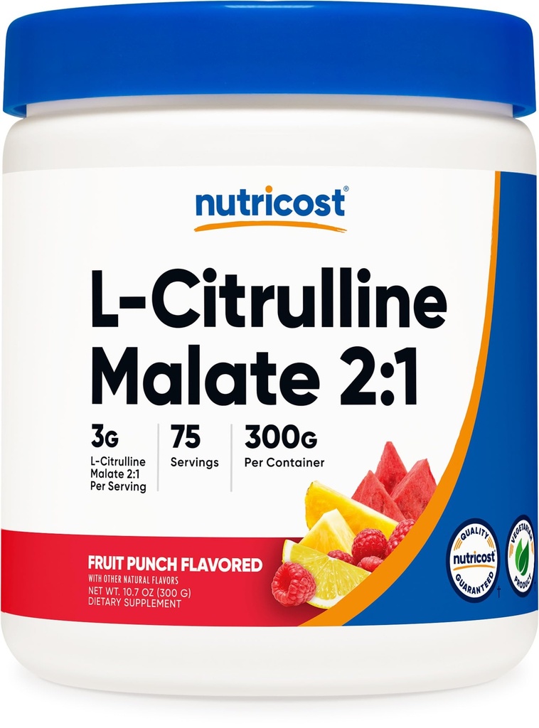 Nutricost L- Citrullin Malat 2: 1 (300g) Fruit Punch - Workout Support, Muscle Performance, Kvælstoxid Booster - Fitness Supplement Pulver, 75 Servering