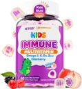 Kids Multivitamin + immunforsvar Gummier, C-vitamin D3 & Zink, Omega-3, A, E, Elderberry, Kids Vitamin Gummier for sund udvikling, Immunitet, Knoglevækst og øje sundhed, Sukker fri, 60 Cts