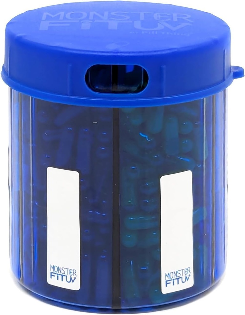 Monster Jr Supplement Pill Dispenser med etiketter - indeholder små Medium Medicin Vitaminer og let dispense fra én Container omfatter kompartment etiketter (Monster Jr Blue UV - 1 Pack)