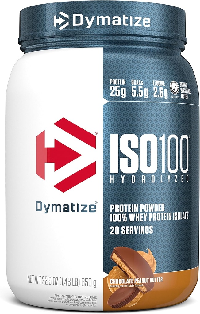 Dymatisere ISO100 Whey Protein Powder Isolate, Chokolade Peanut Butter, 25g protein, 5,5g BCAA, mindre end 120 Cal., Gluten Free, 1g fedt, 1g sukker, 2g Carb (20 Servere)